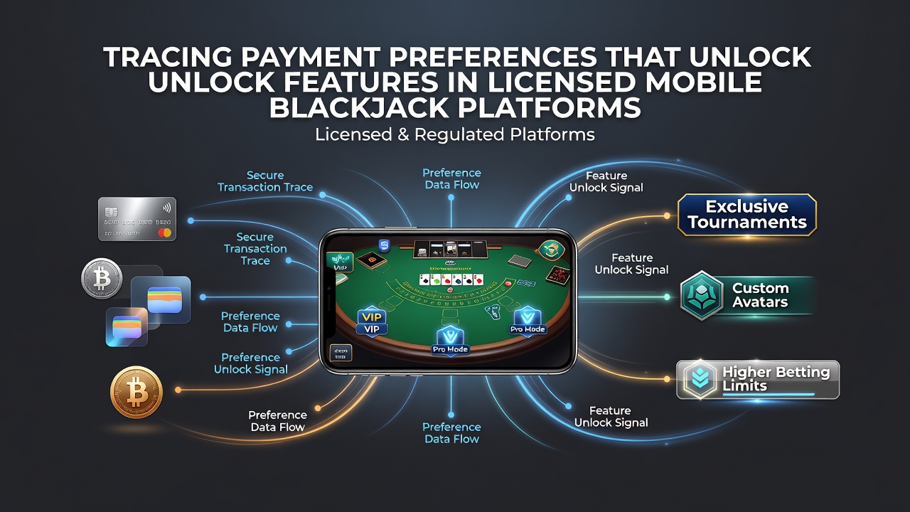 Infographic displaying payment preference flows and corresponding feature unlocks in licensed blackjack platforms